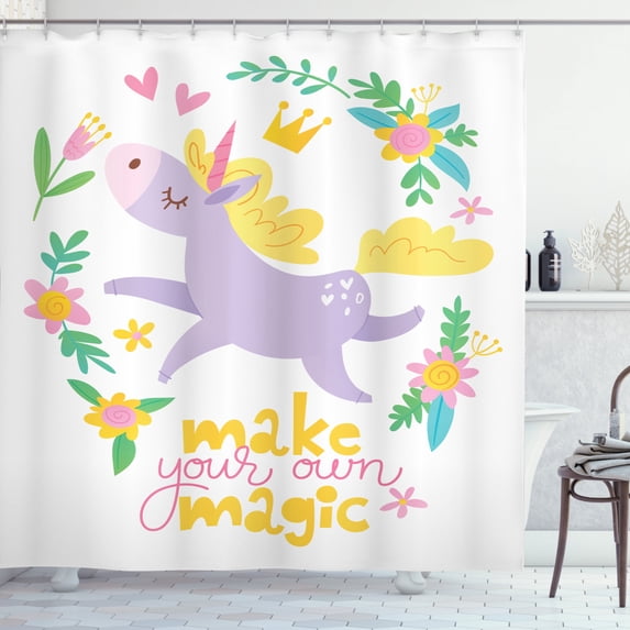 Childish Shower Curtain, Princess Unicorn with Colorful Flowers Writing Make Your Own Magic, Fabric Bathroom Set with Hooks, 69W X 75L Inches Long, Pastel Purple Multicolor, by Ambesonne