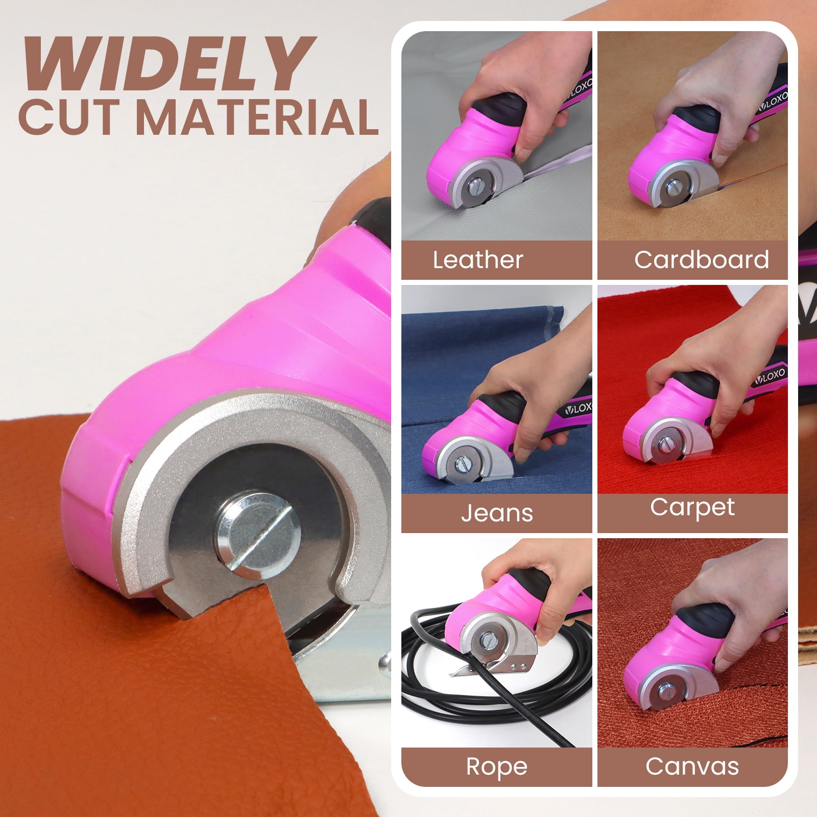 VLOXO Cardboard Cutter, Cordless Electric Scissors for Leather with Safety Lock, Box Cutter Electric Multi-Cutting Tools Rechargeable Powerful for Canvas Leather Plastic with Storage Box Pink