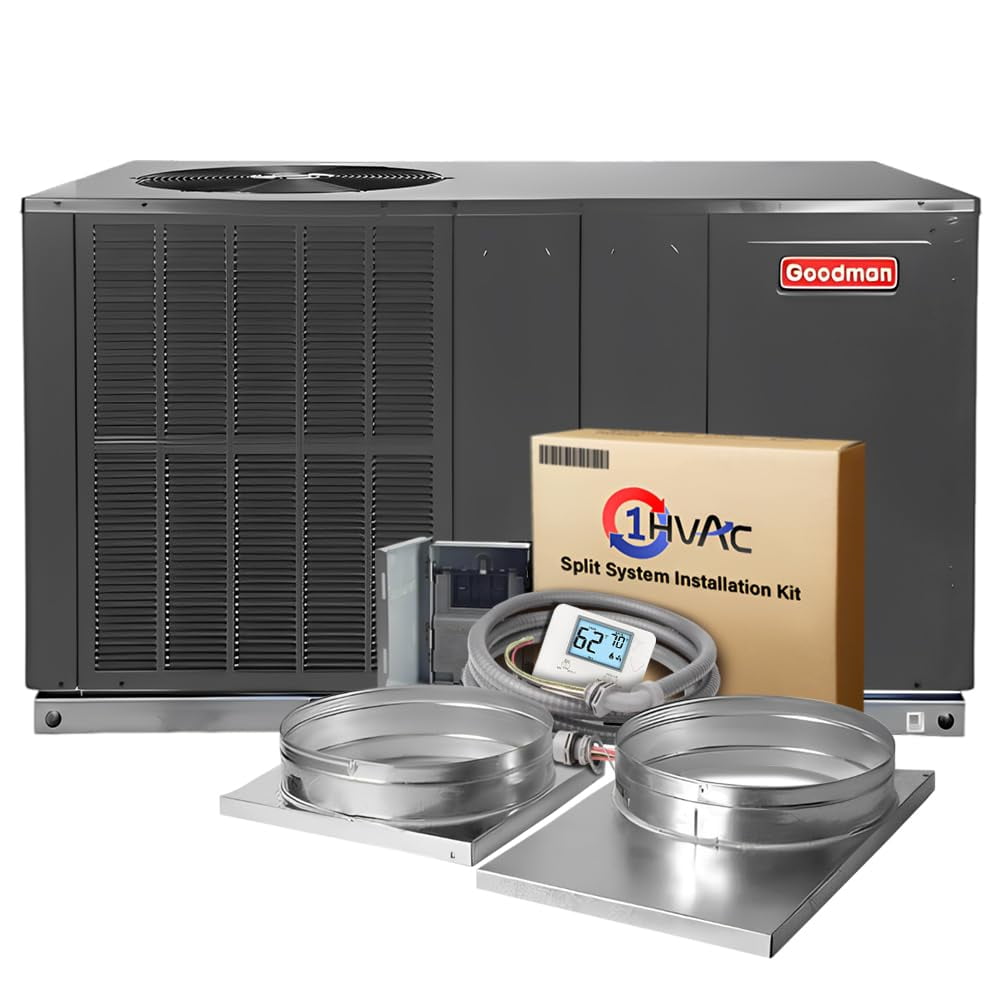 Goodman 3 Ton 13.4 SEER2 Packaged Air Conditioner Unit with 5kW Auxiliary Heat Kit & Install Kit - R32 Horizontal | 36000 BTU AC/Heating System