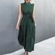 thumbnail image 2 of Vestido con estampado de puntos, cinturón, sin mangas, cuello levantado, largo a media pierna, cintura alta, vestido de verano para mujer, Verde XL, 2 of 6