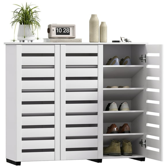 HOMCOM Narrow Shoe Cabinet for Entryway with 3 Slatted Doors, White