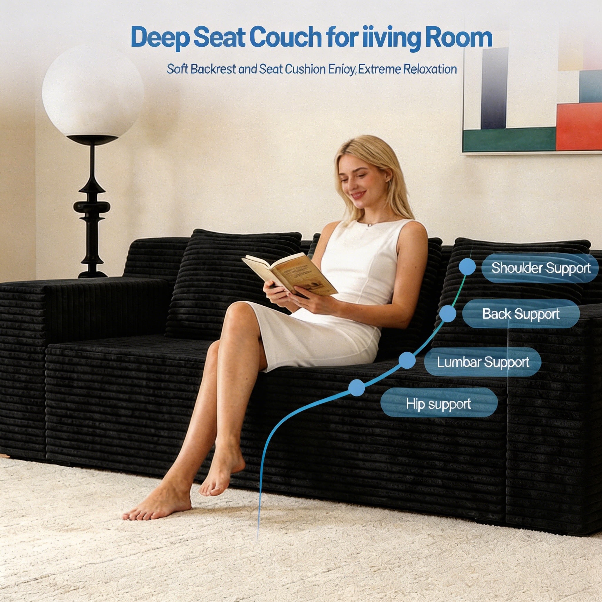 Modern 71" Corduroy Sofa, No Assembly Deep Seat Couch in a Box for Living Room, Black
