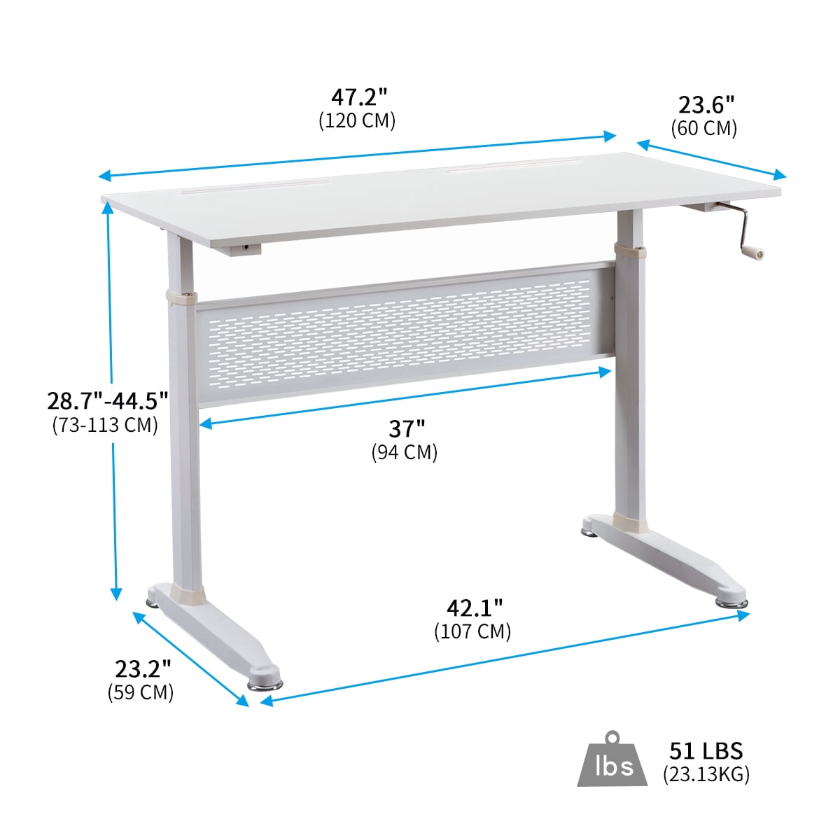 Kepooman Modern Height Adjustable Standing Desk with Crank Handle for Home Office, 47.2"L x 23.6"W x 28.7-44.5"H, White Kepooman Modern Height Adjustable Standing Desk with Crank Handle for Home Office, 47.2"L x 23.6"W x 28.7-44.5"H, White