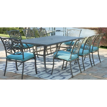 Hanover Traditions 9-Piece Dining Set in Blue with 8 Stationary Chairs and a 42" x 84" Dining Table in a Gray Finish