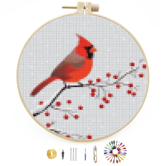 Red Northern Cardinal Stamped Cross Stitch Kits for Beginners with Hoop Simple Patterns 11CT Counted Embroidery Needlepoint Crafts Arts for DIY Enthusiasts and Home Decor 26x26cm(2)