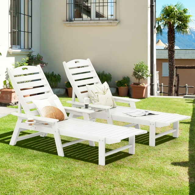 Costway 2PCS Patio Lounge Chair Chaise Adjustable Weatherproof HDPE Cup Holder