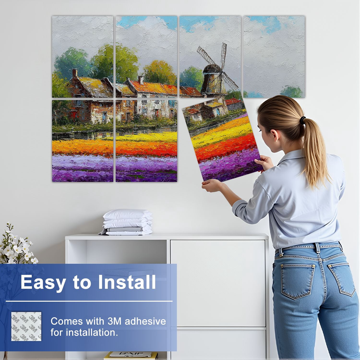 Windmill 8 Pack Art Acoustic Panels Sound Absorbing Vibrant Spring Rain Landscape Windmill Farmhouses Decorative Soundproof Wall Panels Self Adhesive for Nursery Game Room Bedroom 48"x32"