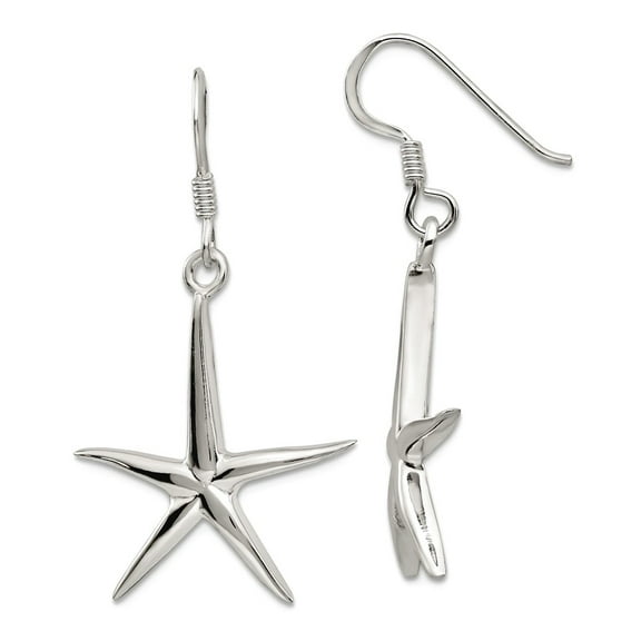 925 Sterling Silver Solid Polished Shepherd hook Star Animal Sealife Fish Long Drop Dangle Earrings 37x21mm Wide Dangle