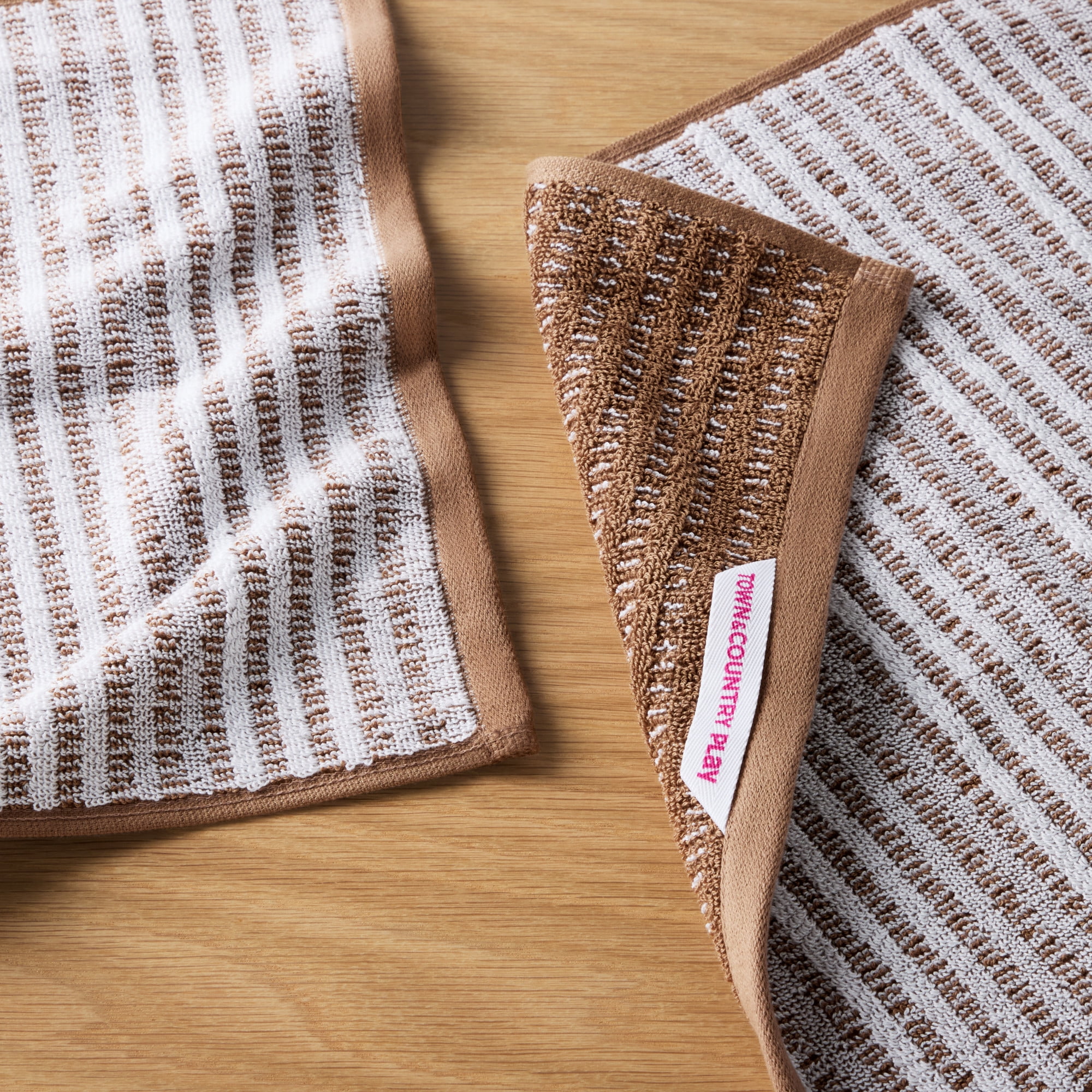 TOWN & COUNTRY PLAY 4-Piece Striped Reversible Terry Brights Washcloth Set, 13"x13", 100% BCI Cotton, Plush & Absorbent 550GSM, Mocha Brown