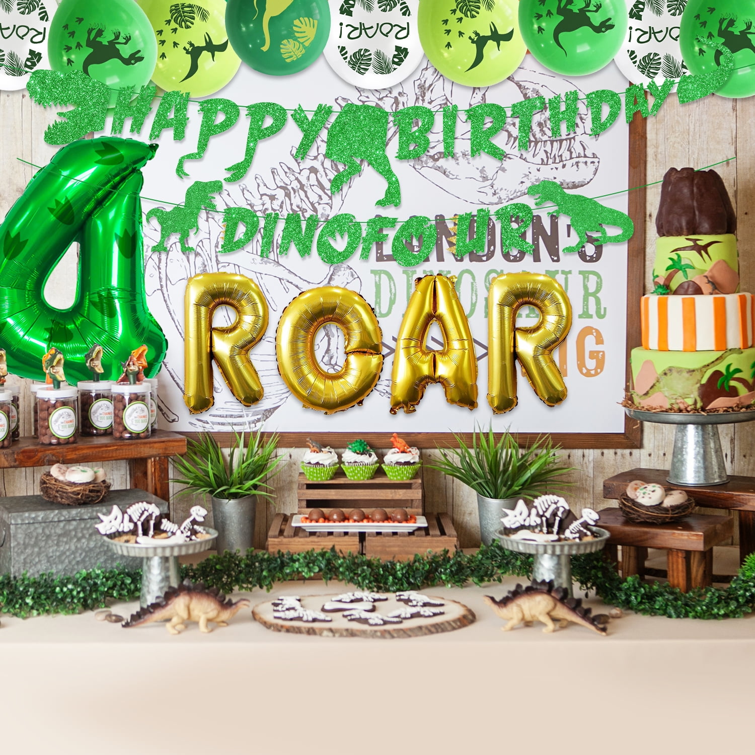 Dinosaurier 4. Geburtstag Dekoration Set – Banner, Ballons, Cake Topper, Girlande