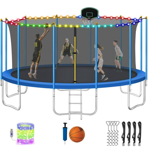 CITYLE 16 FT 1500 LBS Trampoline for Adults and 10 Kids, Heavy Duty Best No Gap Design Trampoline with Basketball Hoop, Safety Enclosure Net, Lights, Stakes