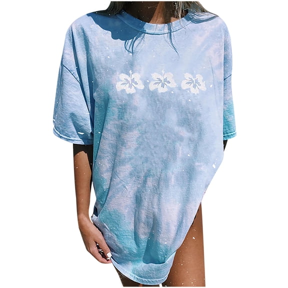 Gubotare Oversized T Shirts for Women, Casual Crewneck Short Sleeve Tie Dye Print Tops Summer Teen Girl Loose Fit Graphic Tee,Light blue S
