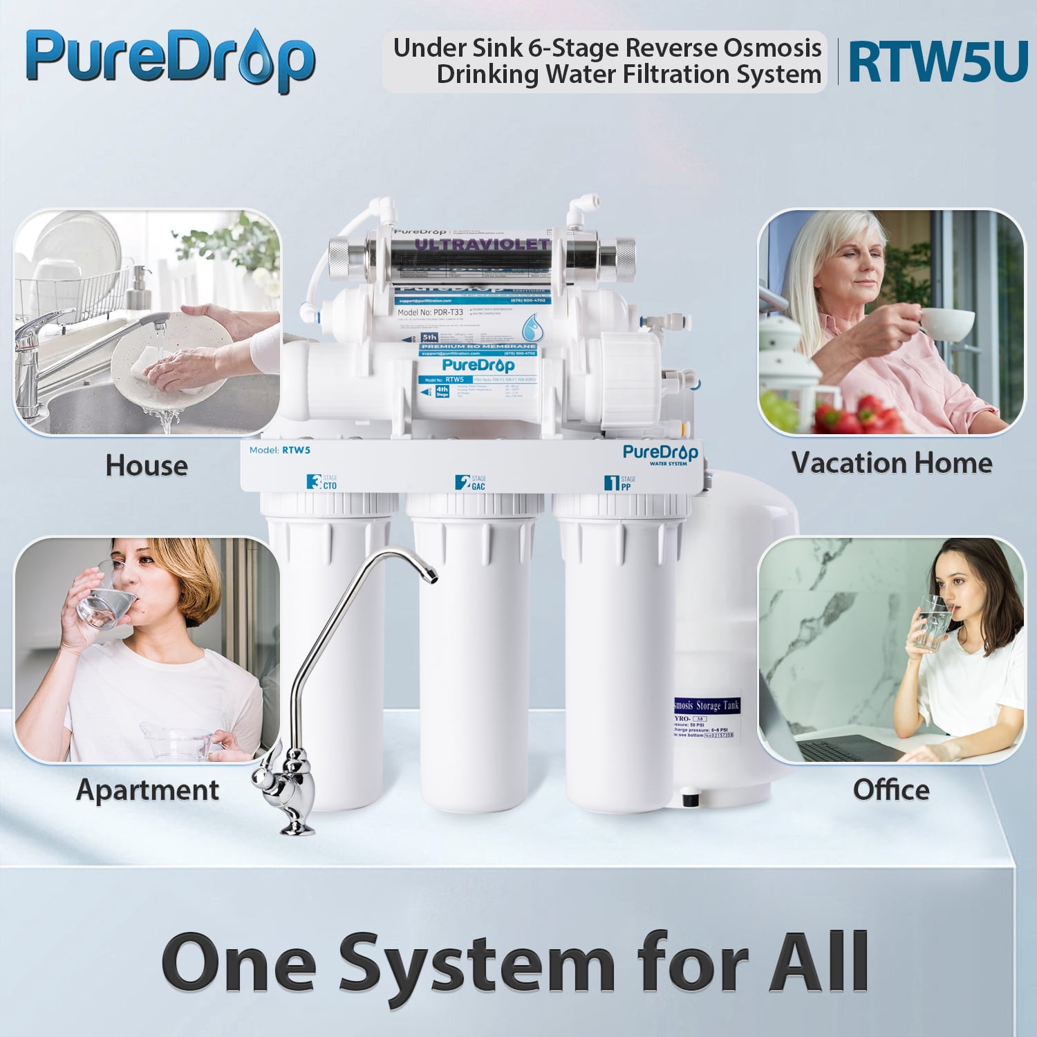 PureDrop RTW5U Reverse Osmosis RO Water Filter System with UV Filter, Ultraviolet Under Sink RO Water Filtration System, 6 Stage UV Under Sink RO Water Filter with Faucet, TDS Reduction, White