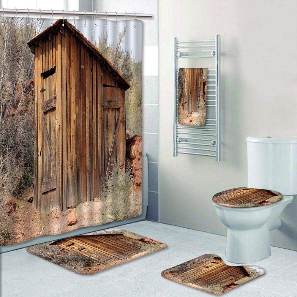 Outhouses Novelty Shower Curtain, Towels, Soap Dish, Tissue Box