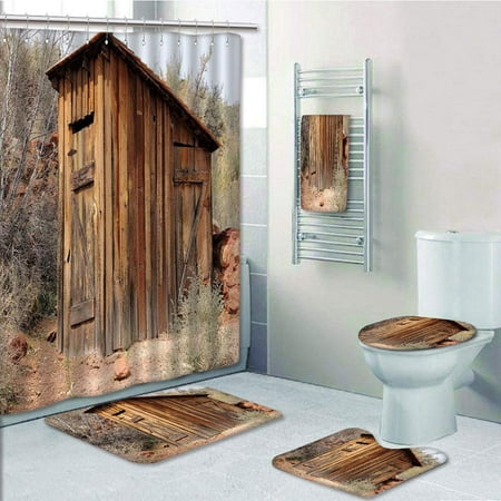 Erehome Outhouse Old Wooden Shed In The Outback Country Side With Olive Trees Caramel Dark 5 Piece Bathroom Set Shower Curtain Bath Towel Bath Rug Contour Mat And Toilet Lid Cover