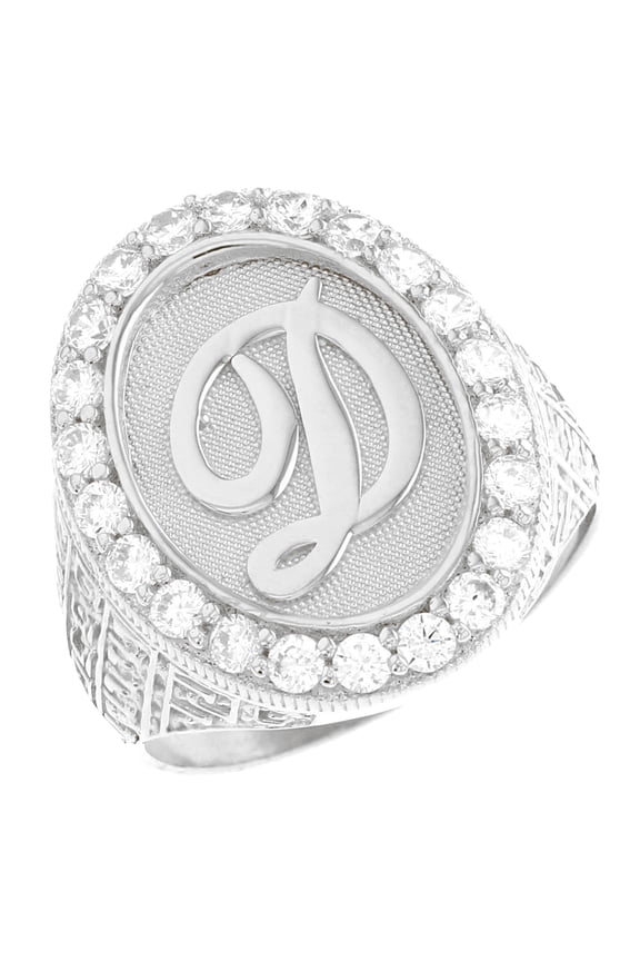 14k White Gold Mens Oval Halo White CZ Initial Letter D Ring