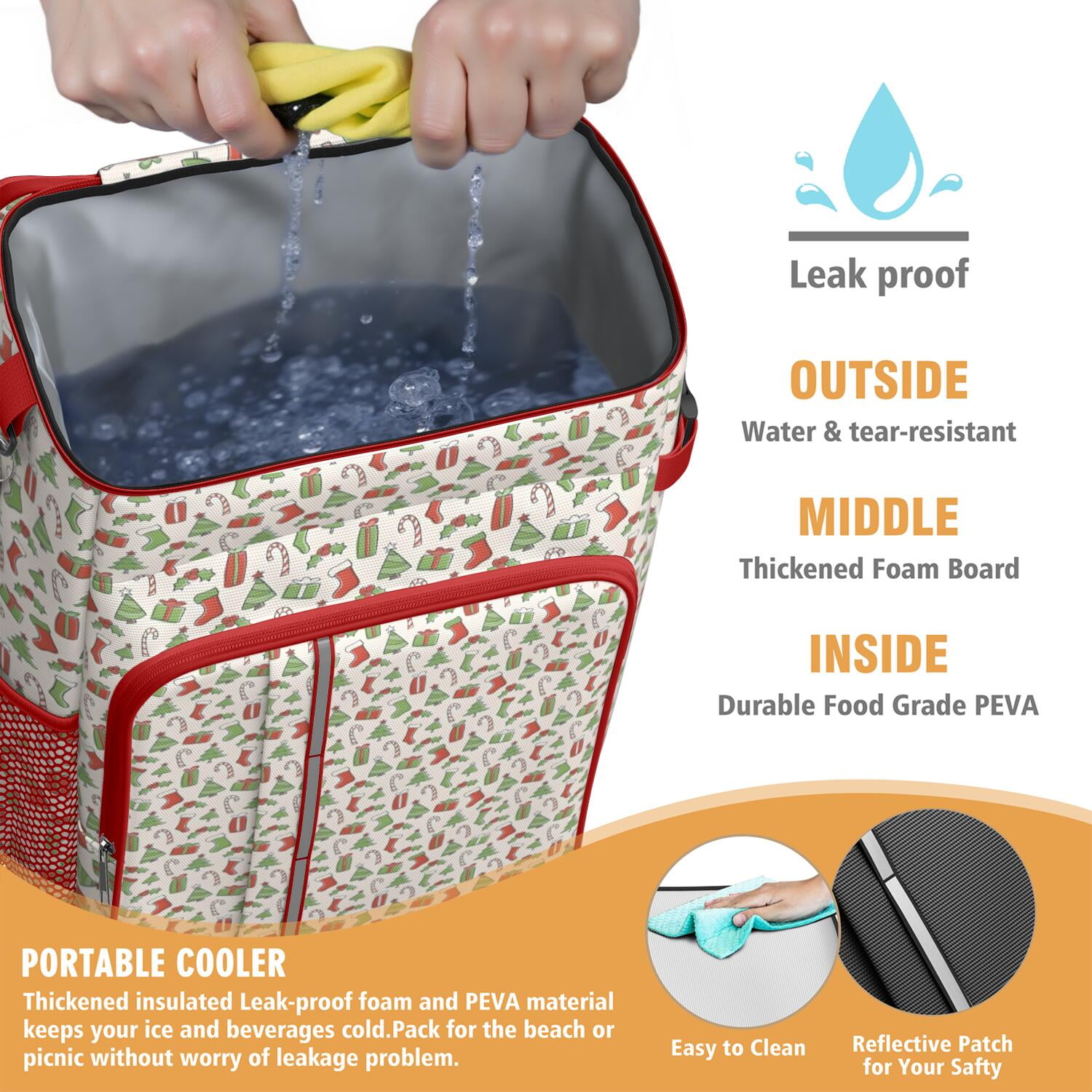Travel Cooler Bag - Green and Red Christmas Pattern Camping Beer Cooler Backpack with Bottle Opener- Waterproof Insulated Picnic Backpacks - Cooler Bag for Beach
