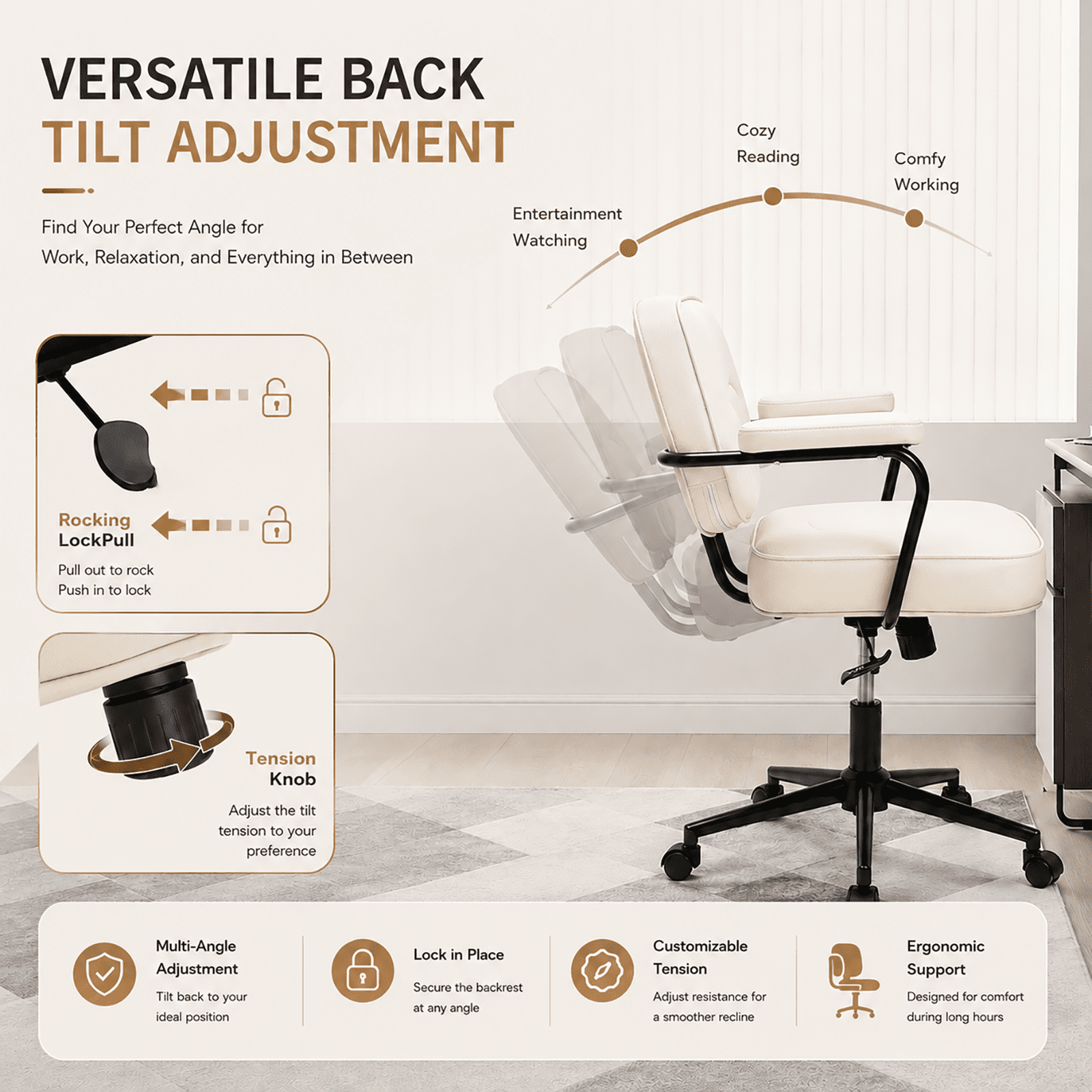Ergonomic Office Chair, PU Leather Executive Desk Chair with Fixed Armrests, Adjustable Height, Rocking Function, 360° Swivel Rolling Wheels Beige