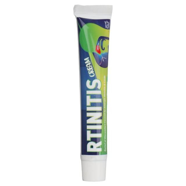 gel para la nariz, crema para el cuidado de la rinitis para el alivio de alergias, 20 g, limpieza nasal para la oficina Tubo frontal vertical de 20 g con etiqueta azul y verde y tapa blanca; texto destacado "RTINITIS CREAM", logotipo Zaqw en la esquina superior y silueta de nariz en el diseño, fondo blanco.