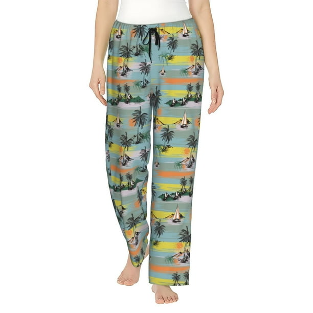 Fotbe Hawaiian Style Pantalones de Pijama para Mujer, Pantalones de Dormir, Pantalones Pj con Cordón y Bolsillos-Medium