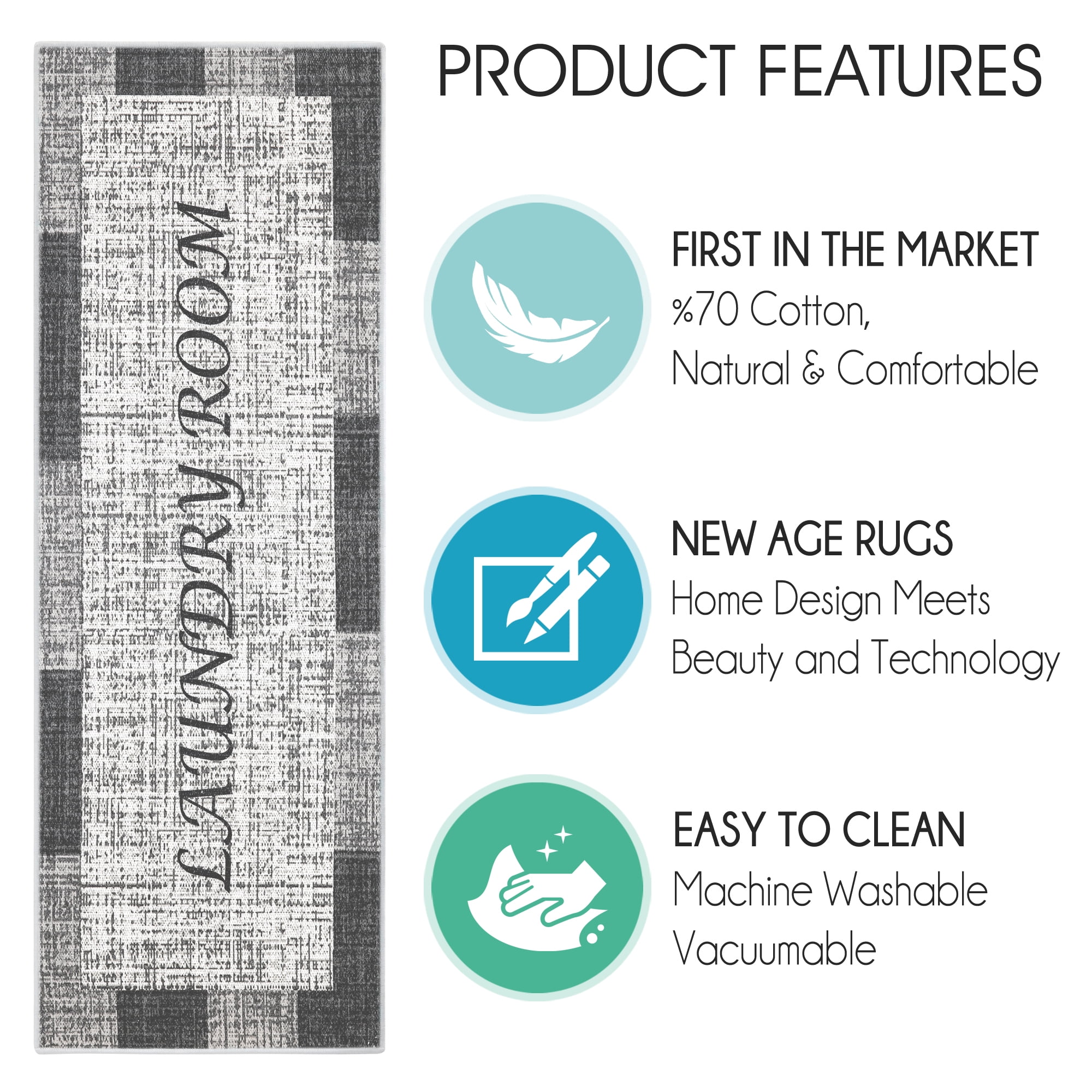 SussexHome Non Skid Washable Laundry Room Rug Runner - 20 x 59 Inches Heavy Duty Ultra-Thin 70 % Cotton Laundry Mat for Laundry Room
