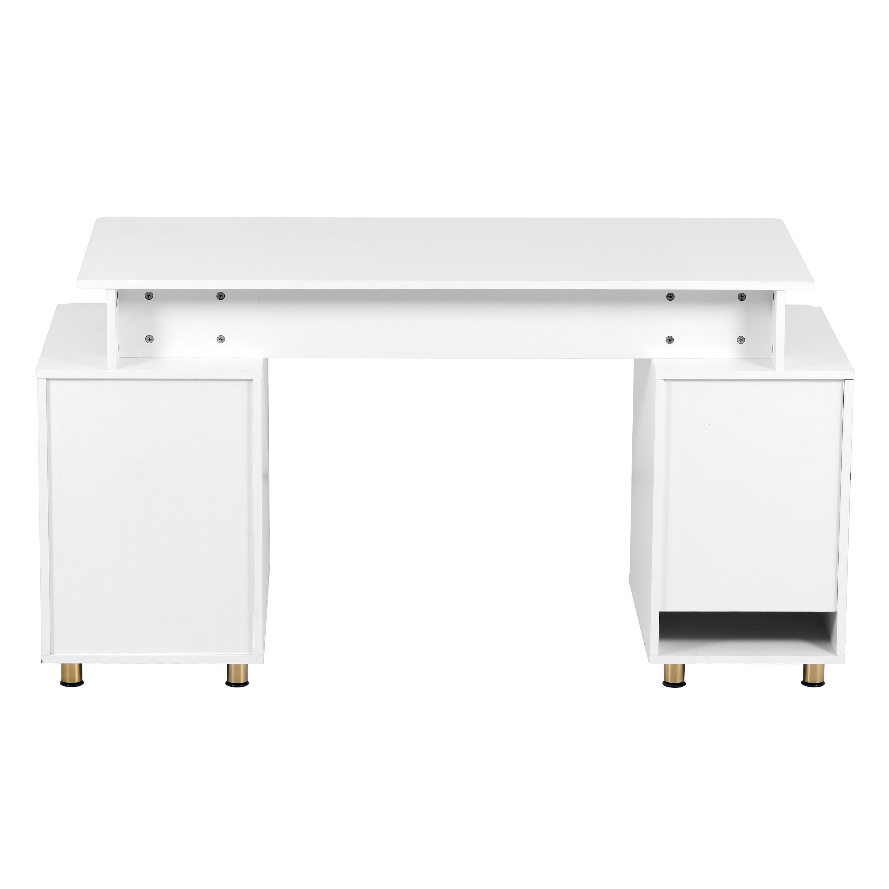56.75" W Elegant Executive Desk with 3 Drawers and Storage Cabinet, Modern Office Desk with Gold Accents, Floating Work Surface, Closed Storage with Ventilation & Adjustable Shelf, White & Gold