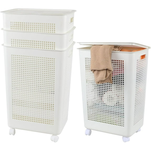 65 L Tall Laundry Hamper with Lid, Large Plastic Laundry Basket with Wheels, 4 Packs