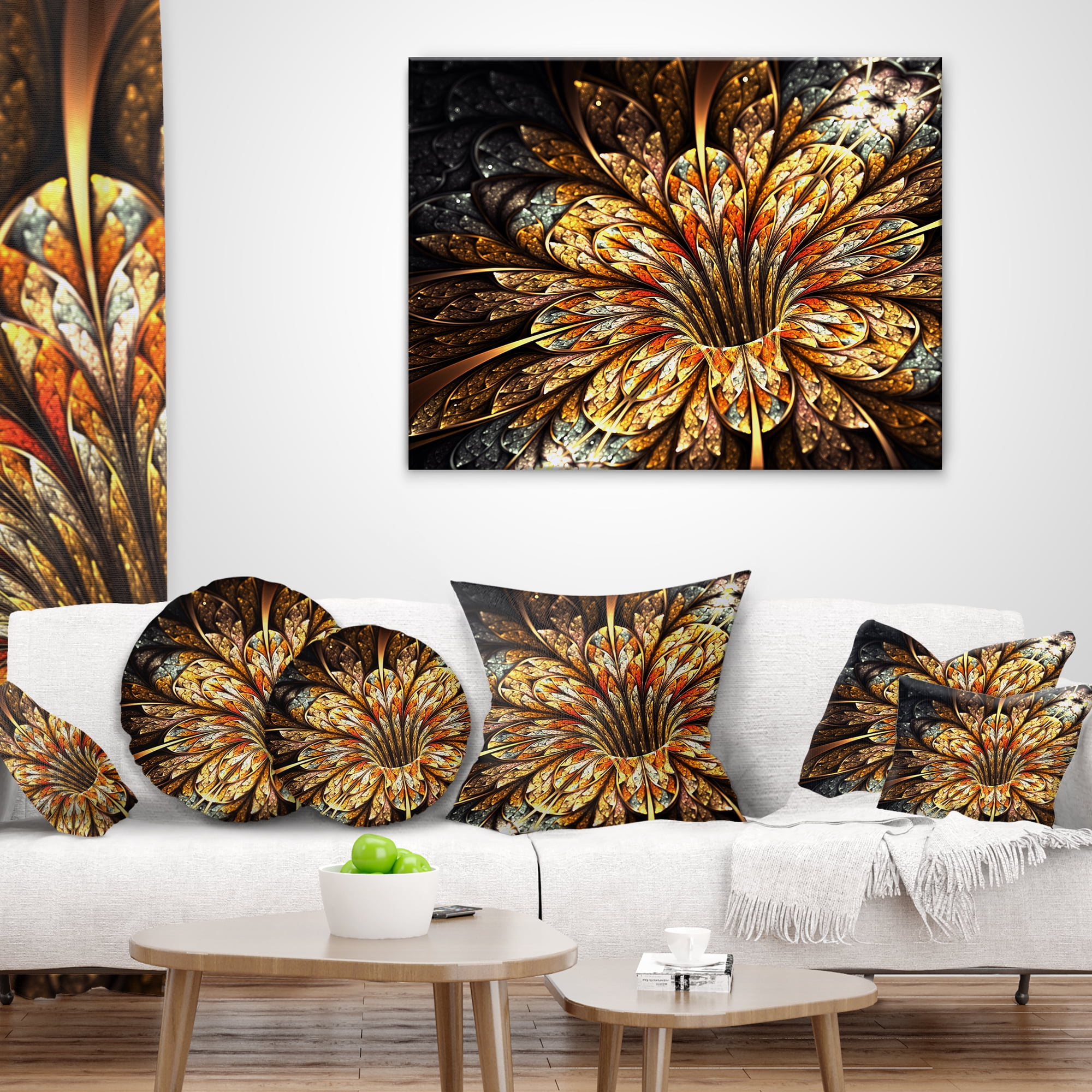 Designart Golden Shiny Fractal Flower - Floral Throw Pillow - 12x20