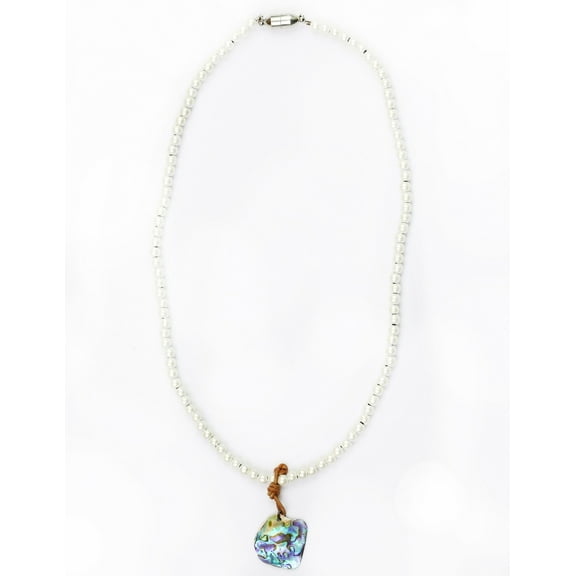 Abalone Shell, Leather and White Magnetic Hematite Necklace