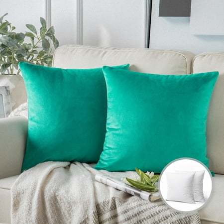 Phantoscope Soft Silky Velvet Series Square Decorative Throw Pillow Cusion for Couch, 18" x 18", Turquoise, 2 Pack