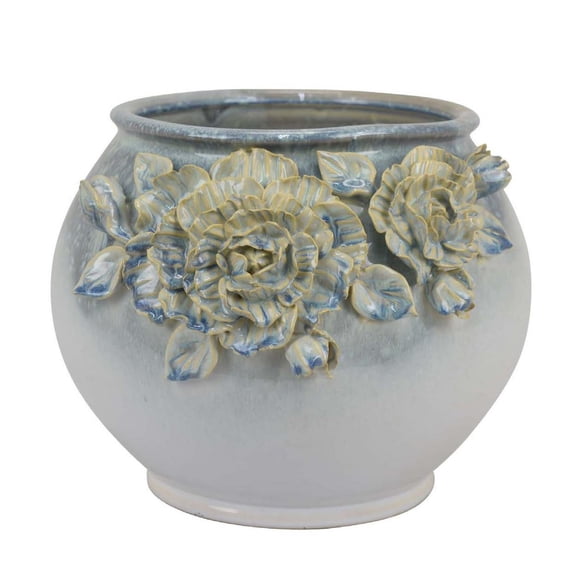 Maceta Benzara Rox, 30 cm, cerámica blanca, diseño floral