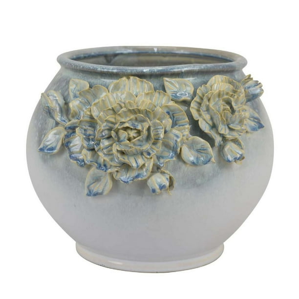 Maceta Benzara Rox, 30 cm, cerámica blanca, diseño floral