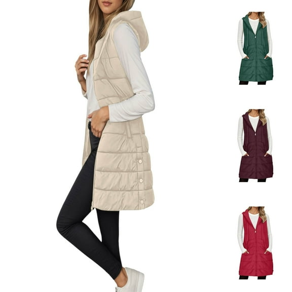 Aihuaihua Long Puffer Vest Women Quilted Padded Warm Coat Puffy Outwear Button Down Zip Up Sleeveless Vests Fall Winter Hooded Jackets with Pocket