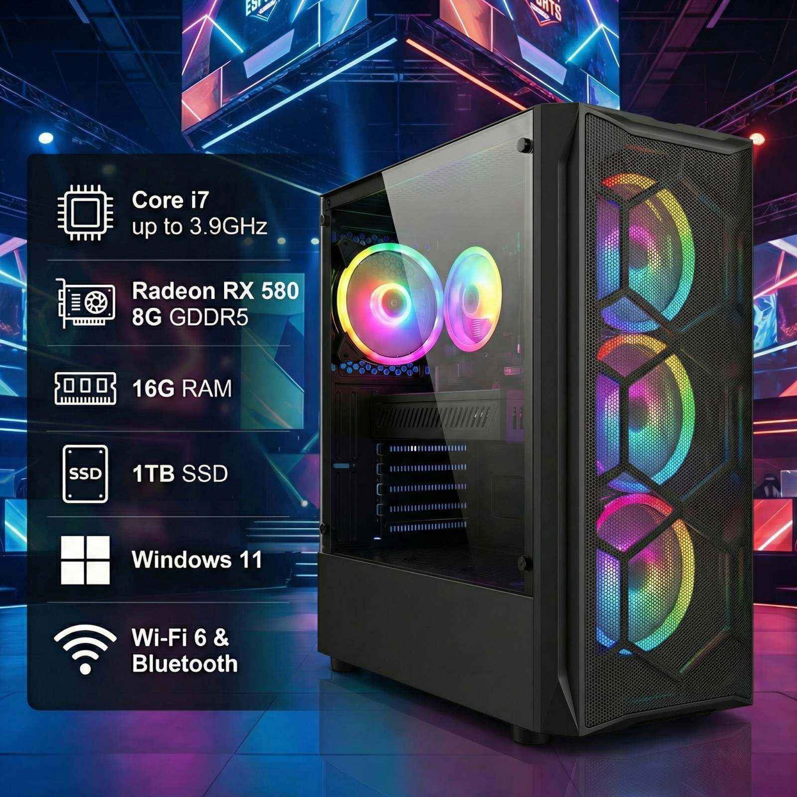 STGAubron Gaming Desktop PC, Radeon RX 580 8G GDDR5, Intel Core i7 up to 3.9G, 16G RAM, 1T SSD, WiFi, BT 5.2, RGB Fan x4, Windows 11 Home
