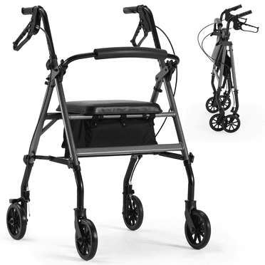 MaxKare Folding 4 wheel Rolling Rollator Walker with Seat 6" Wheels for Seniors, Mobility Walker with Adjustable Height, Removable Seat, Lightweight Aluminum, 300Lbs, Gray
