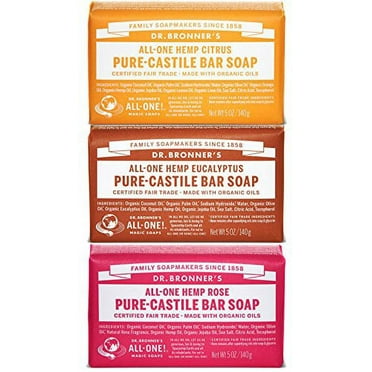 Dr. Bronner's Magic Soaps Pure-Castile Soap, Variety Pack, 5-Ounce Bars (Pack of 3) (Citrus - Eucalyptus - Rose)