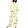 thumbnail image 2 of Puntoco Traje De Pantalón Y top De Cuello Redondo De Manga Larga Con Estampado De Rayas Informal De Verano Para Mujer Amarillo M, 2 of 5