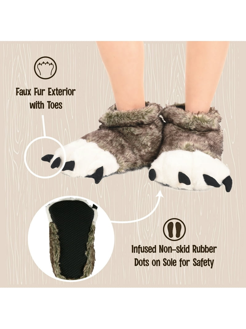 LazyOne Wolf-themed Furry Animal Paw Slippers for Family, Non-Slip