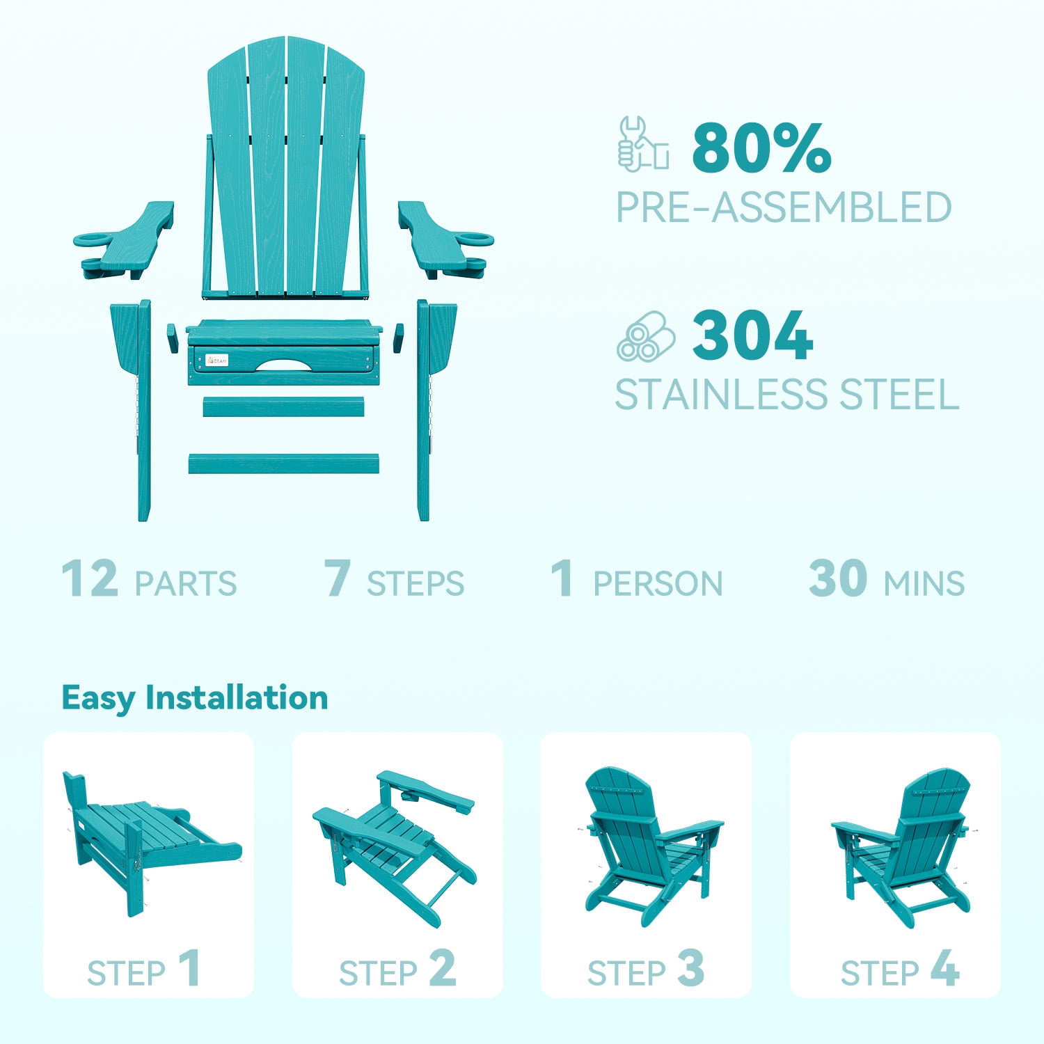 Erinnyees 3-Level Adjustable Adirondack Chair with Retractable Ottoman, HDPE All-Weather Folding Fire Pit Chair with 2 Cup Holders, Outdoor Chair for Garden