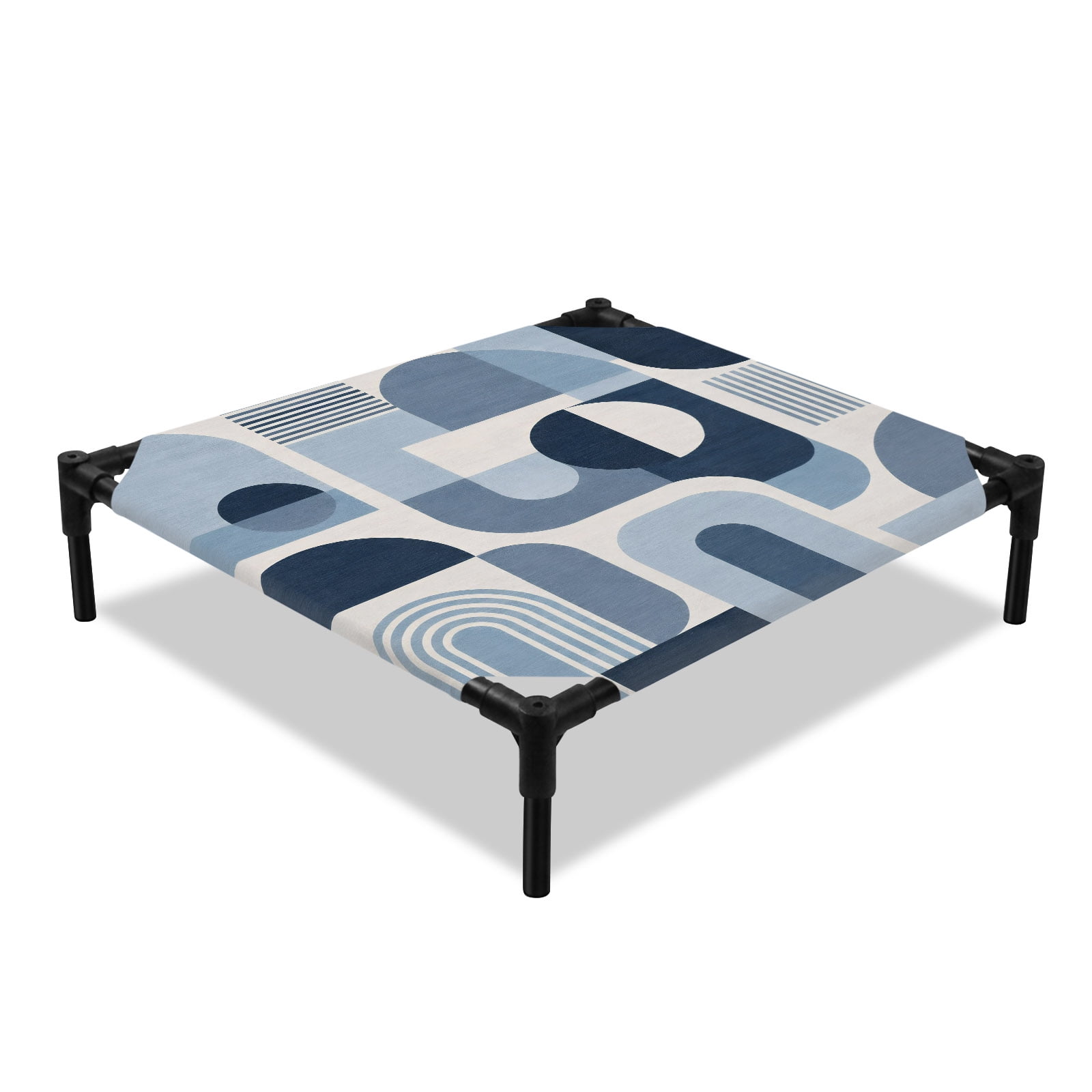Abstract Boho Elevated Dog Bed Nautical Steel Blue Arch Lines Coastal Minimalist Cooling Breathable Outdoor Raised Dog Cot Bed with Metal Frame Non-Slip Feet for Small Dog 20x20in