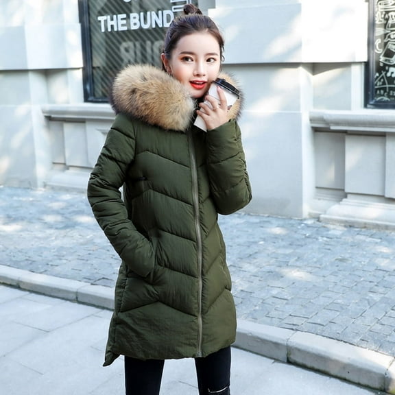 Women's Outerwear Hooded Long Cotton-padded Zipper Jacket with Pocket Coats, Faux Fur Trim for Warmth and Style, in Green, Size XXL