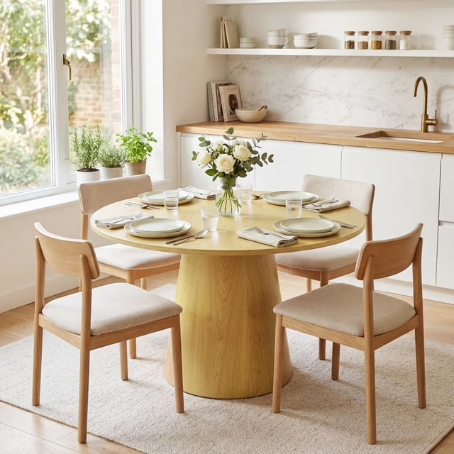 43" Round Dining Table for 4, Wooden Dining Room Table with Pedestal Base, Modern Farmhouse Kitchen Table for Home, Dining Room, Living Room(Only Table)-Natural