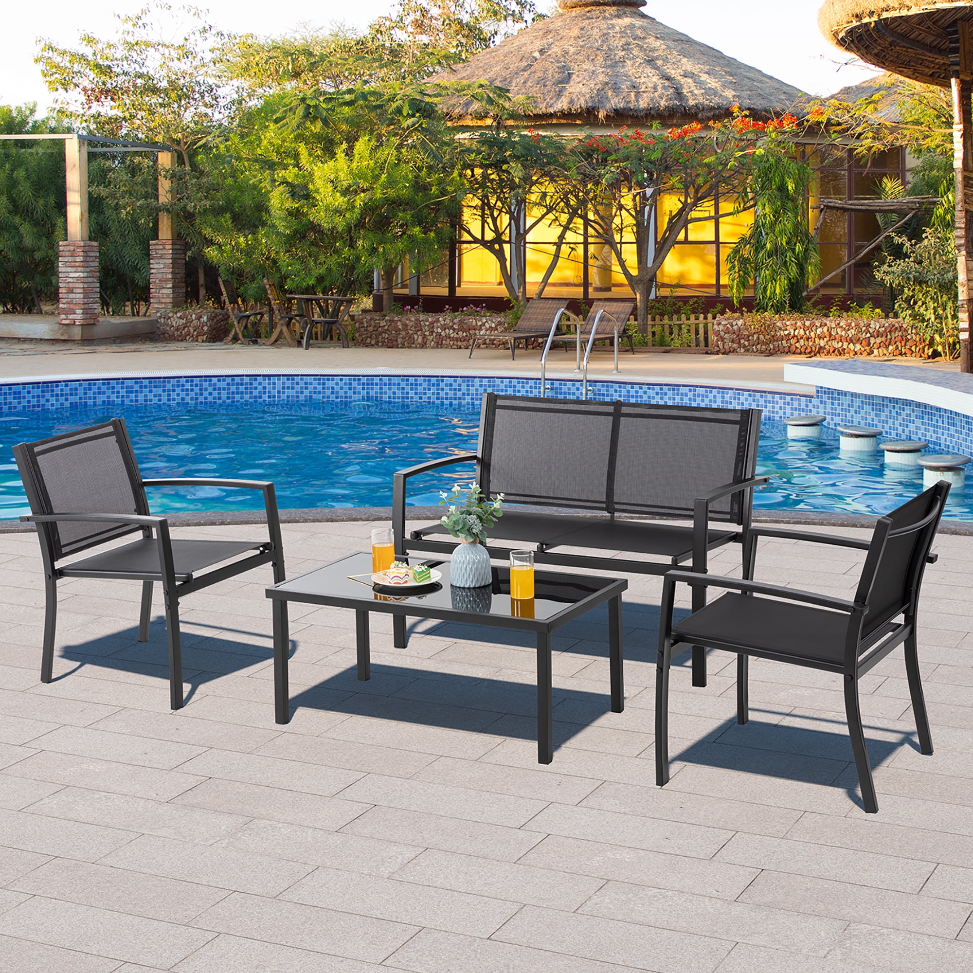 Walsunny 4 Pieces Outdoor Furniture Set All Weather Patio Textilene Steel Conversation Set, Patio Furniture Set Bistro Set with Loveseat ea Table for Lawn and Balcony, Black