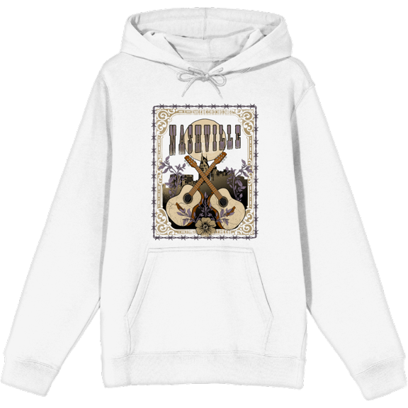 Vintage Country Nashville Guitars With Distressed Flowers Long Sleeve Adult Hooded Sweatshirt-3XL-White