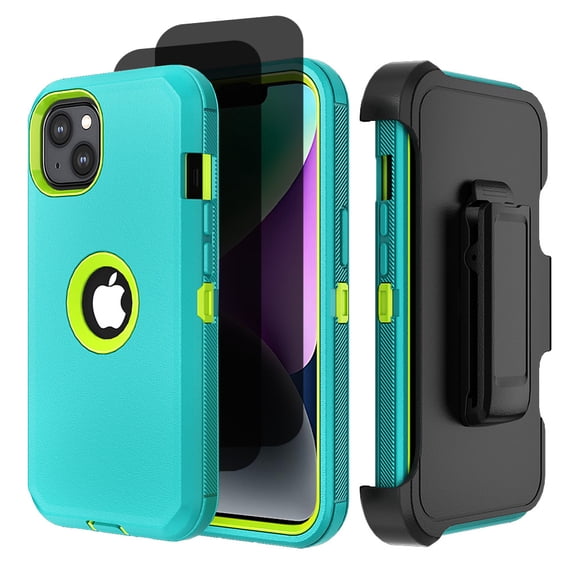 Hotpom for iPhone 15 phone Case with 2 Pack Privacy Screen Protector Heavy Duty Shockproof Drop Proof Protection with Black Belt Clip, Green/ Yellow