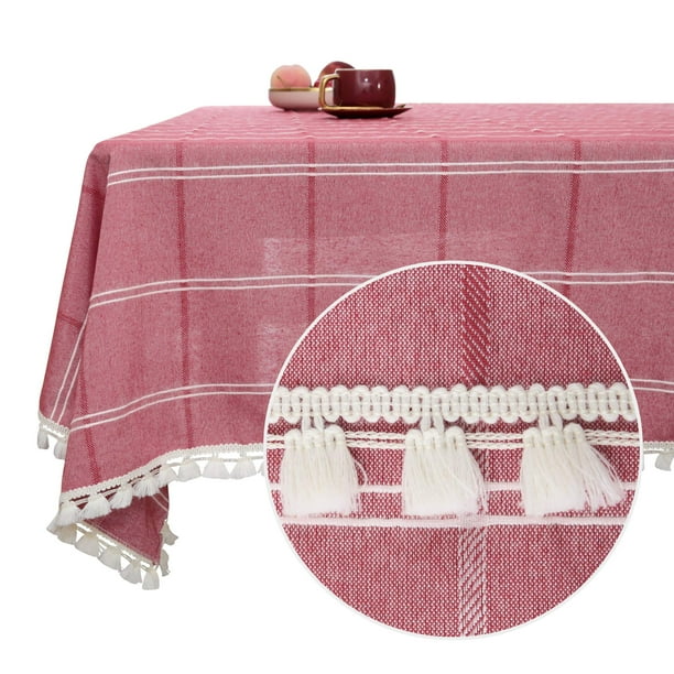 Deconovo Decorations Tablecloths Oblong Poly-Cotton Blend Tassel Waterproof Fade Resistant Table Cover for Outdoor Picnic, 54x72 Inch, Red