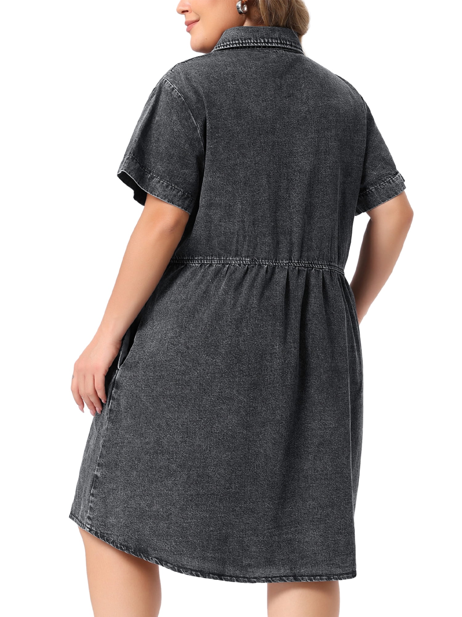 DARING DIVA Women's Plus Size Summer Casual Denim Babydoll Pockets Dress 1X Dark Grey