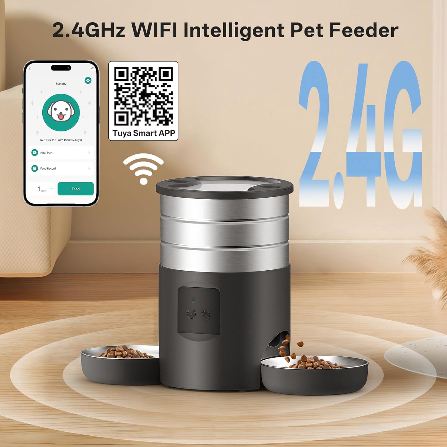 Automatic Cat Feeder for 2 Cats, 4.5L Dual Power Double Bowls Dry Food Auto Pet Dispenser with Smart App Control