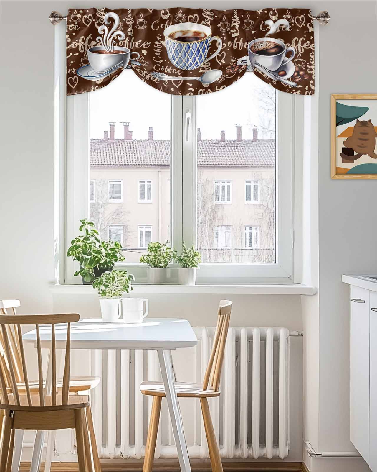 Coffee Latte Beans Tie Up Valances Curtain, Adjustable Kitchen Sugar Retro Brown Valances for Windows Decor, Rod Pocket Short Curtains Set for Bedroom/Bathroom, 54"x18"