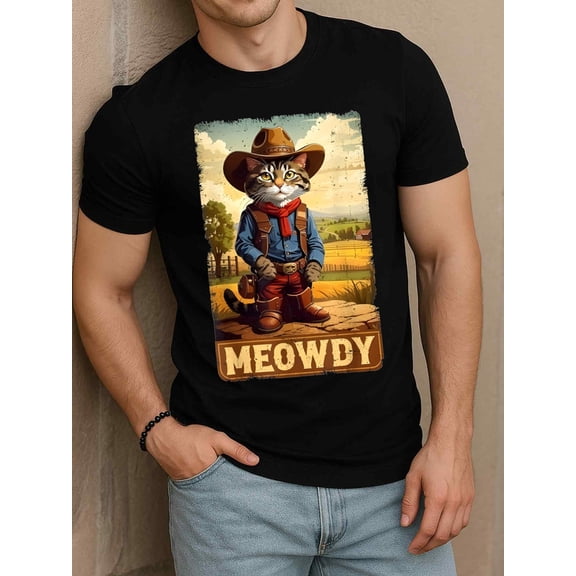 Greenink Meowdy Cowboy Cat T-Shirt for men graphic t shirts black summer gifts Breathable fabric, crew neck, short sleeves Fashion Unisex Shirt Cotton tshirts